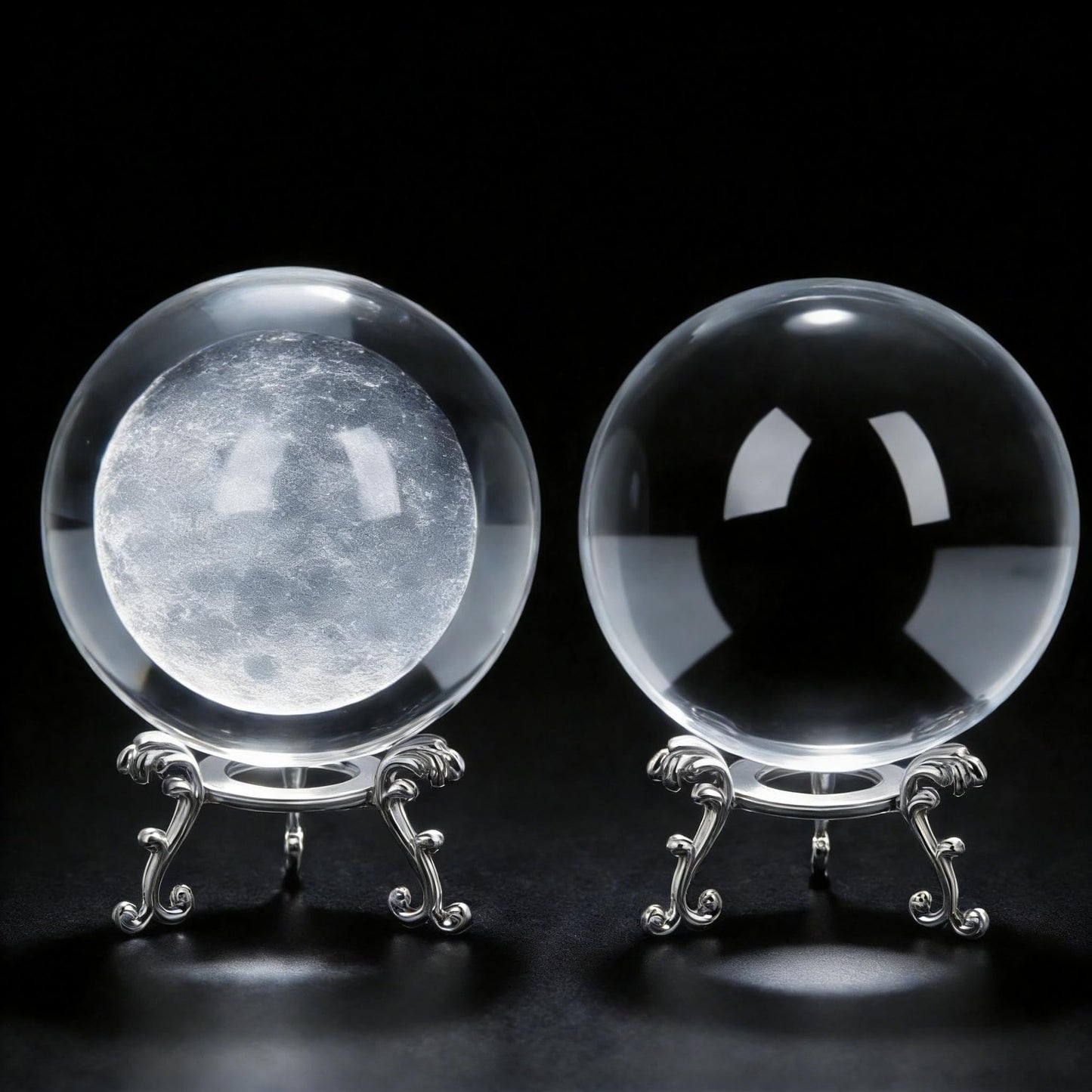 vskikris 2pcs Crystal Balls and 2 Silver Stands - 1 Clear and 1 3D Laser Moon Crystal Ball Paper Weights Collectible Figurines Gifts Photography Prop Home & Party Decor