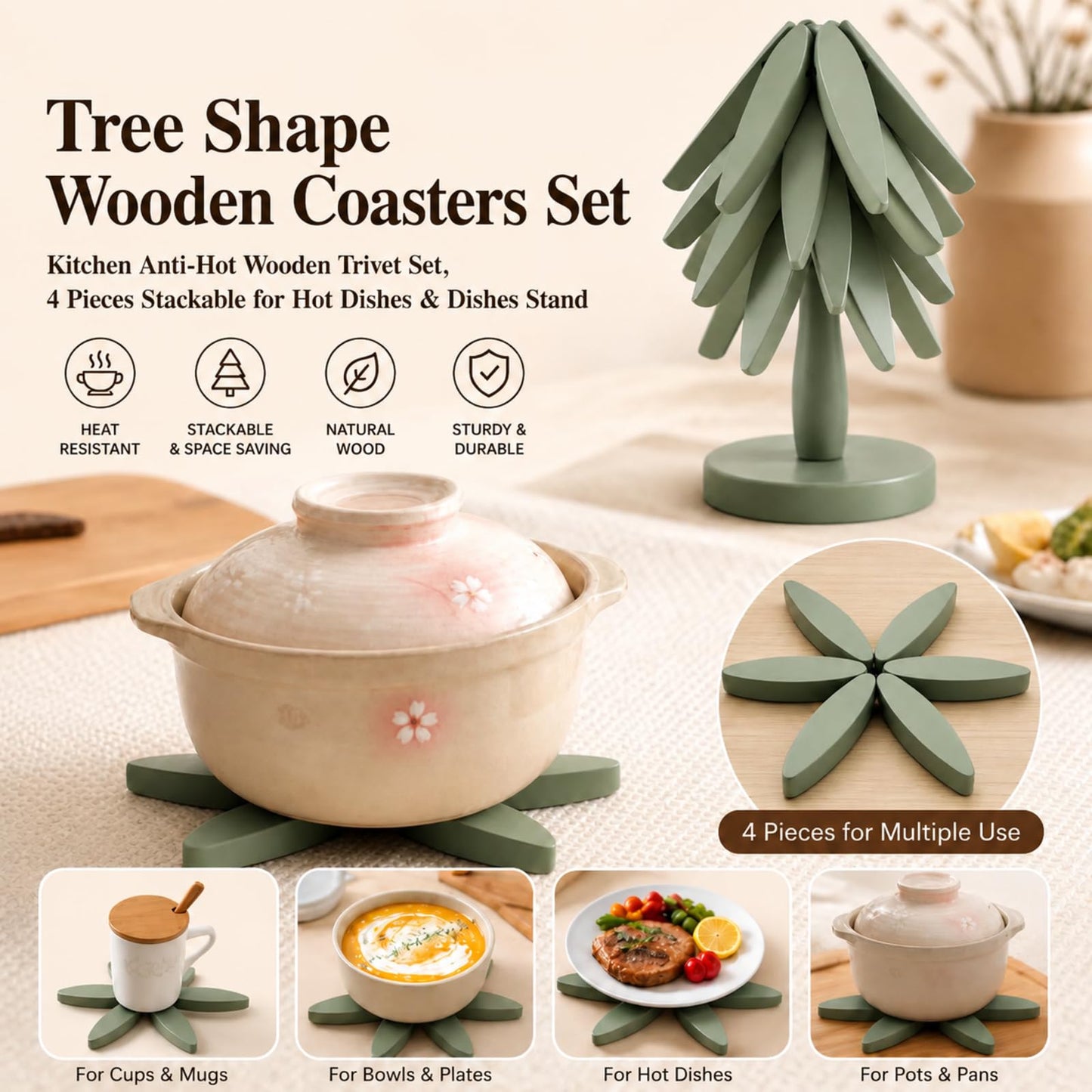 Zhehao Wooden Trivets for Hot Dishes in Sage Green, Trivet Tree Shape Set with 4 Foldable Wood Pot Holders & 1 Stand, Heat Resistant Kitchen Table Mats for Pans Bowls Teapots and Countertops
