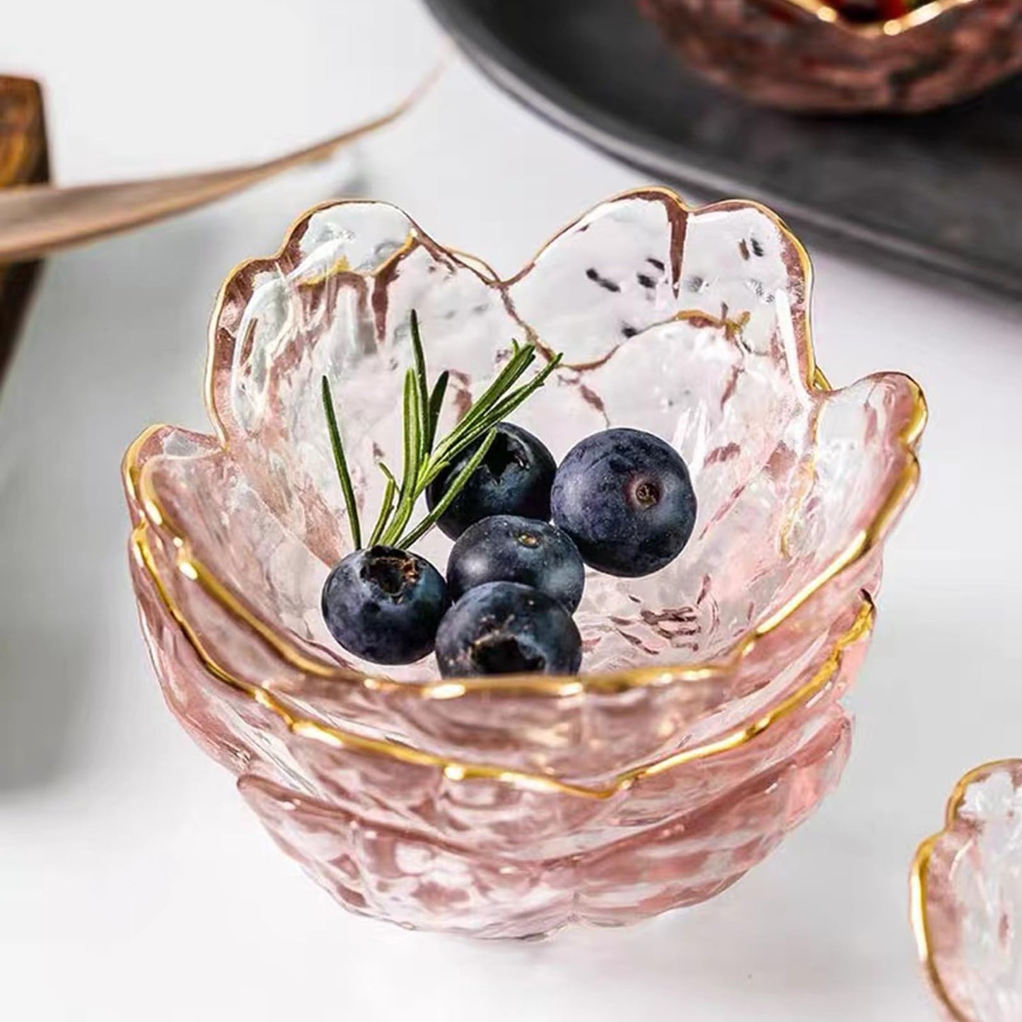 Seasoning bowls with gold rim,6 pcs Pink Cherry Flower Crystal Glass Appetizer Plates dipping bowls Small Glass Dish 3.26*1.42 inch ,6.2oz pink glass plates mini for charcuterie board (Phnom Penh)