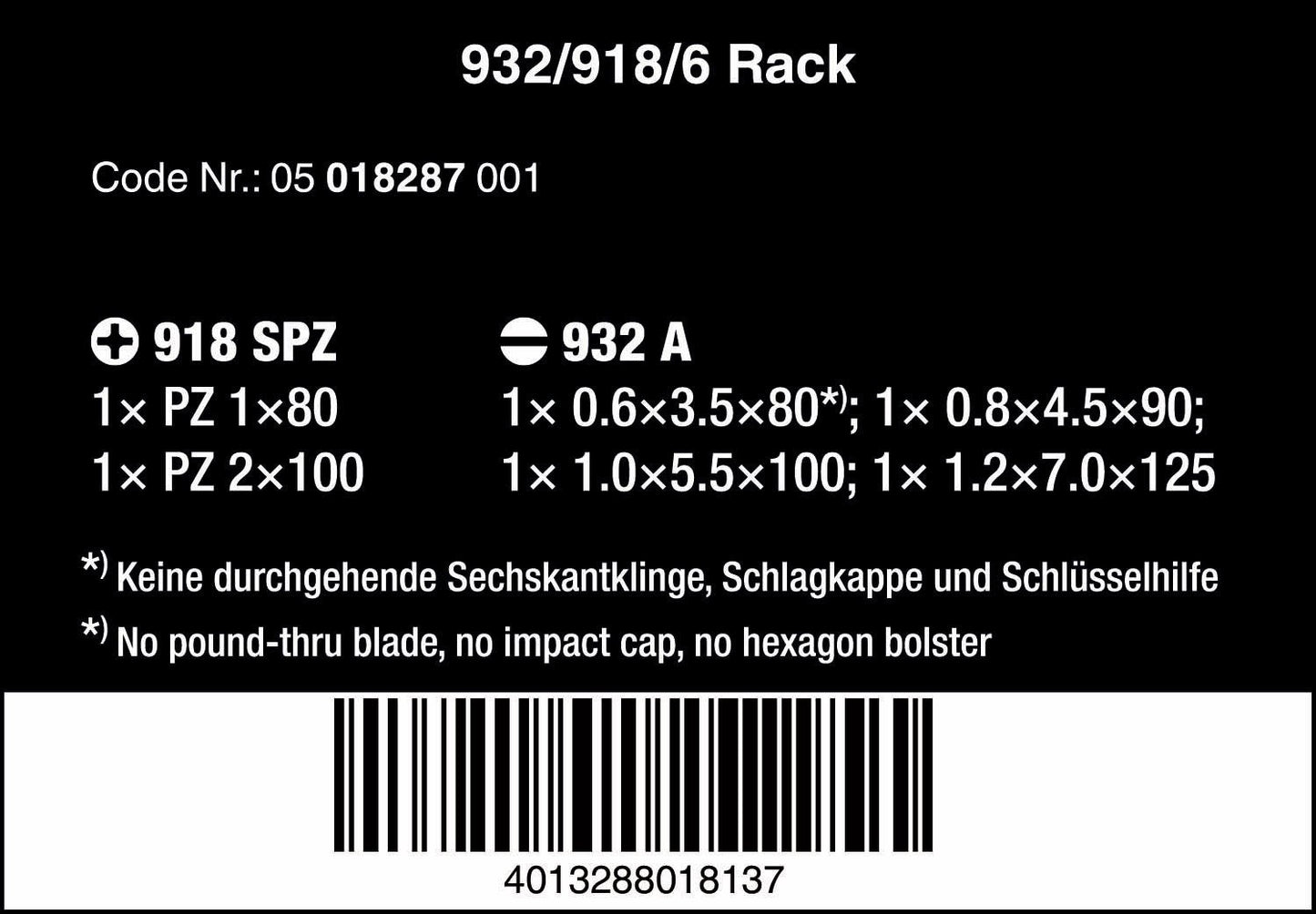 Wera 932/918/6 Kraftform Chiseldriver screwdriver set and rack, Pozidriv/Slotted, 6pc, 05018287001, Silver