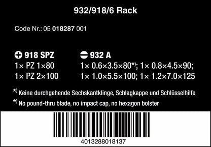 Wera 932/918/6 Kraftform Chiseldriver screwdriver set and rack, Pozidriv/Slotted, 6pc, 05018287001, Silver