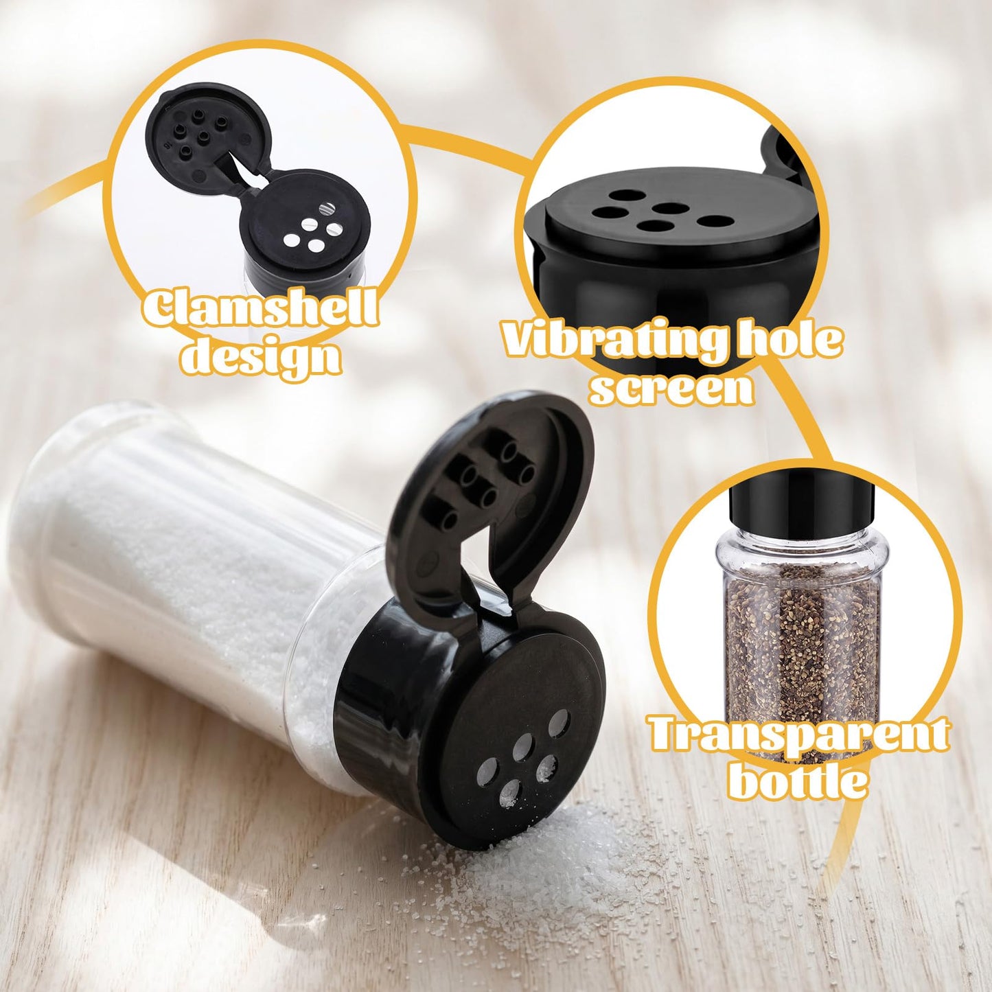 Mifoci 12 Pcs Plastic Salt and Pepper Shakers with Lid 3.5 oz Clear Moisture Proof Spice Dispenser Refillable Seasoning Container Storage Bottles for Kitchen Camping BBQ Black White