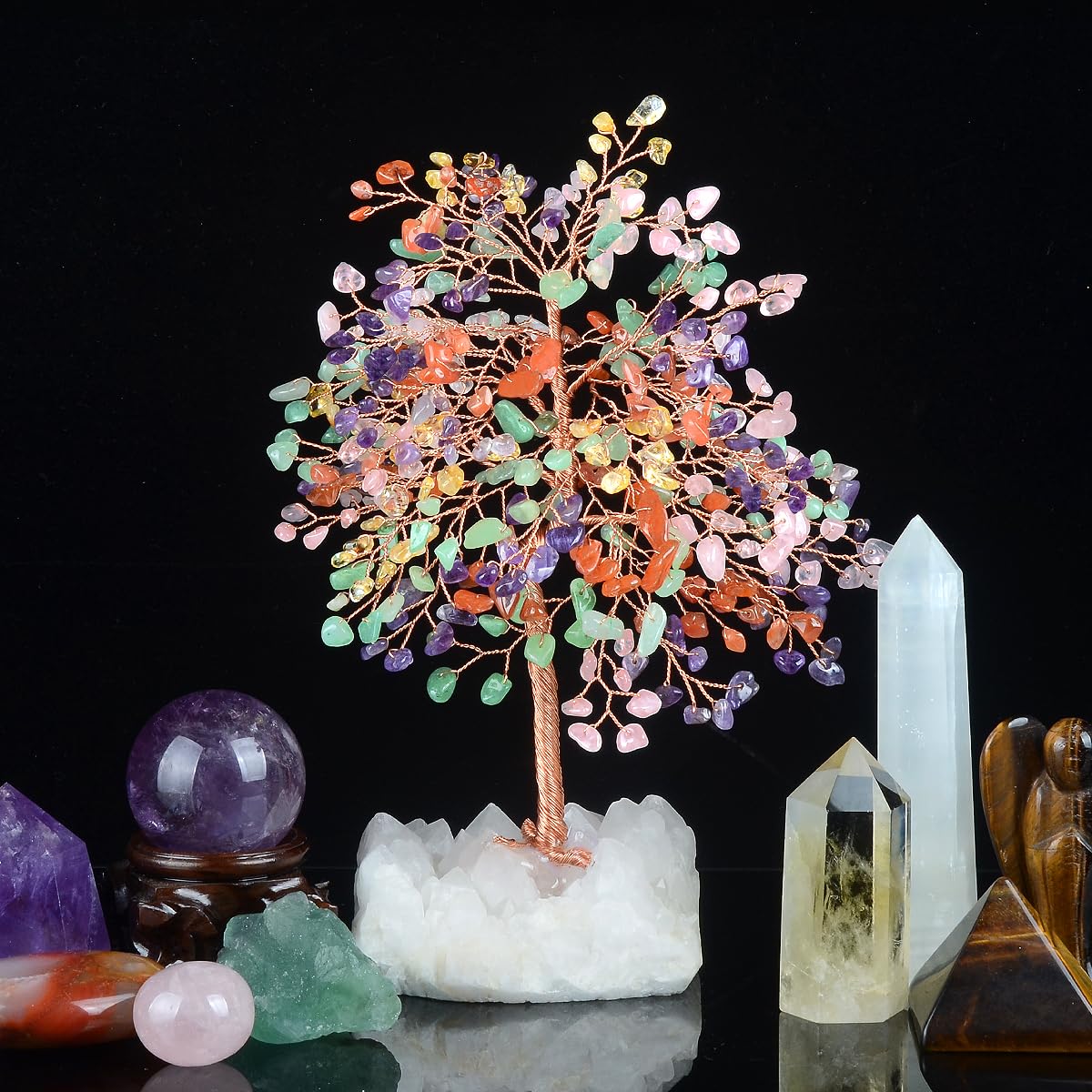 MASGEMES Chakra Crystal Tree of Life Natural Gemstone Healing Crysals(406 Stone Count) with Clear Quartz Base,Fengshui Decor Money Tree,Positive Energy Lucky Gift Height 8.5-9 Inches