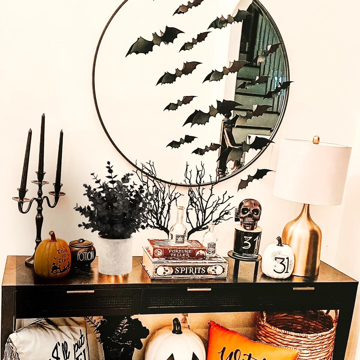 Coferset 2 Pack Black Fake Eucalyptus Small Fake Plants Potted Artificial Plants for Halloween Shelf Desk Home Farmhouse Room Coffee Table Decor Bathroom Decor (Black)