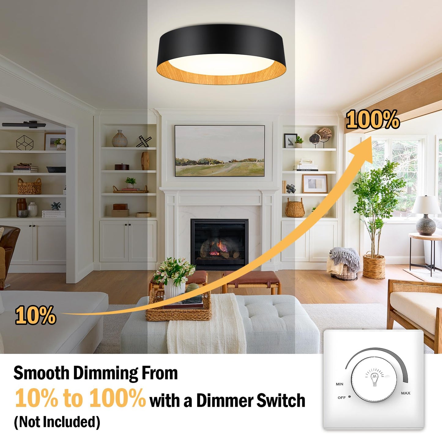 BrightHome 2-Pack 16in Flush Mount Ceiling Light, 3000LM 30W(300W Equiv), LED Ceiling Light Fixture 5CCT 2700K 3000K 4000K 5000K 6000K, Dimmable Ceiling Lamp for Bathroom Hallway, Black and Wood