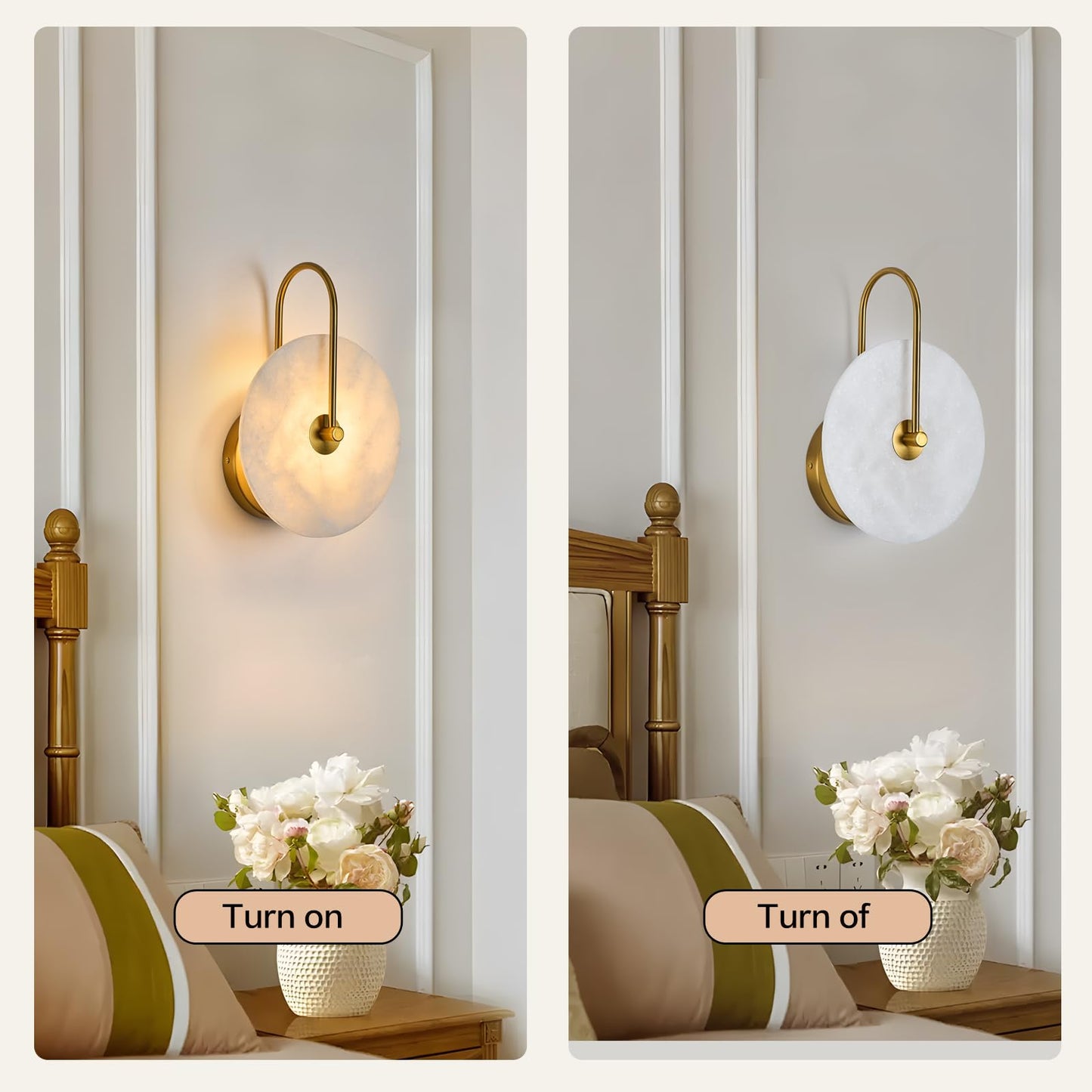 Fanyank Round Alabaster Wall Sconce Set of Two, Natural Marble Lampshade Wall Sconce, Hardwired Circular Sconce LED Modern Wall Lamp for Bedroom, Stairs, Living Room, Bedside, Hallway