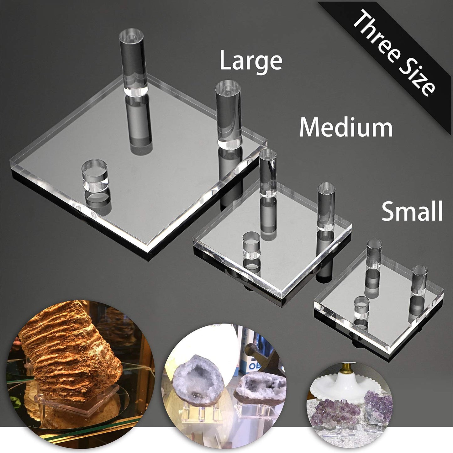 Hipiwe Clear Acrylic Display Stand - Three-Peg Display Easel Stands for Fossil Coral Geodes Rock Mineral Agate Small Collectibles, Set of 4