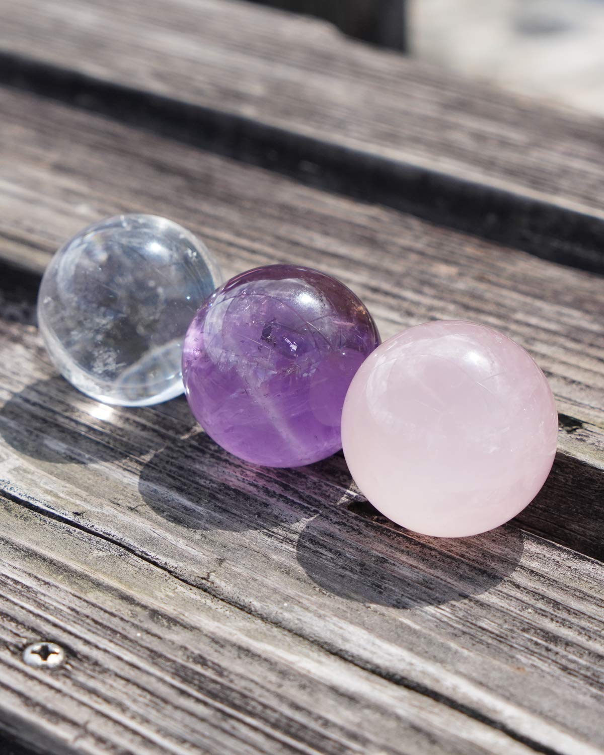 MIMOSA Crystal Spheres Set of 3,Amethyst/Rose Quartz/Clear Quartz