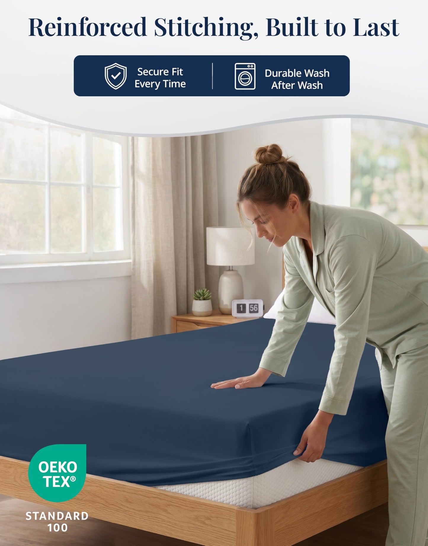 Full Size Bottom Sheet - All Around Durable Elastic for a Snug Fit - 15" Deep Pocket Fitted Sheet - Helps Keep You Cool & Dry and Stays in Place - Ultra Soft, Wrinkle Free & Easy Care - Estate Blue