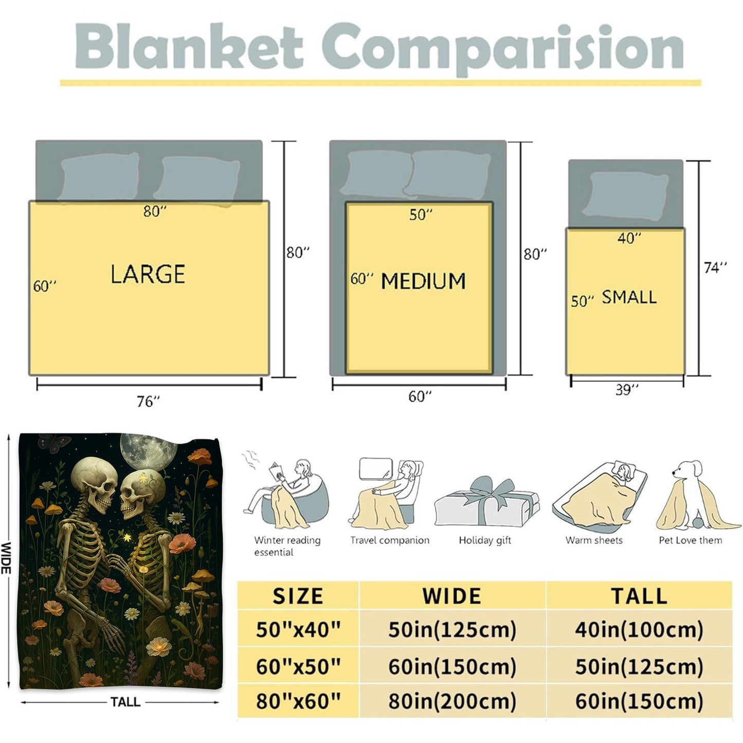 WKEDIN Gothic Lovers Skeleton Blanket,50x60in,Cozy Flannel Throw with Romantic Wildflower Moon Starry Sky Design,Soft Lightweight Gifts Blankets for Adults,Sofa Bed Travel Goth Halloween Boho Decor