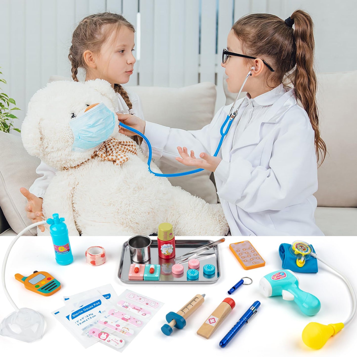 Sundaymot Kids Doctors Wooden Kit, 34 Pcs, with Real Stethoscope, Portable Doctors Bag, Pretend Role Play Medical Kit Toys for 3-6 Year Old Toddlers