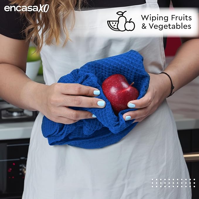 Encasa XO Kitchen Dish Towels Set | Blue | Waffle Weave and Flat Hand Tea Towel