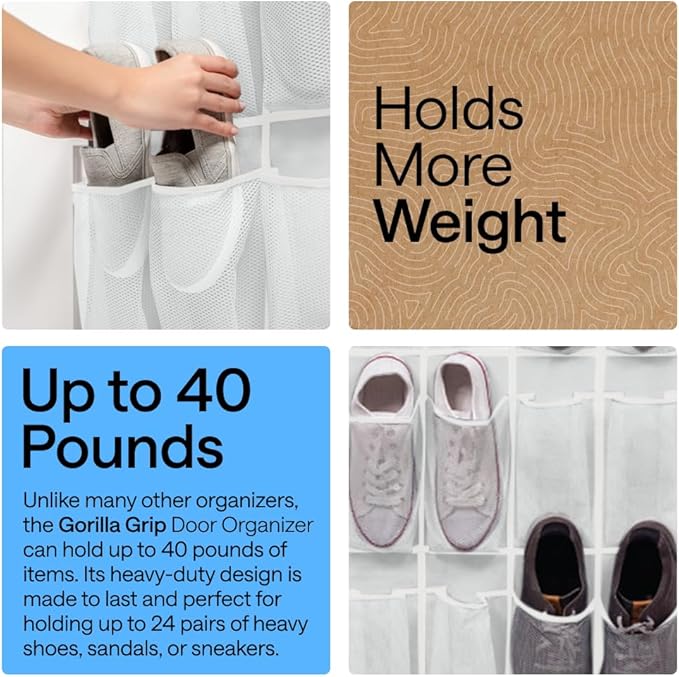 GORILLA GRIP Over the Door Shoe Organizer, 24 Large Breathable Mesh Pockets