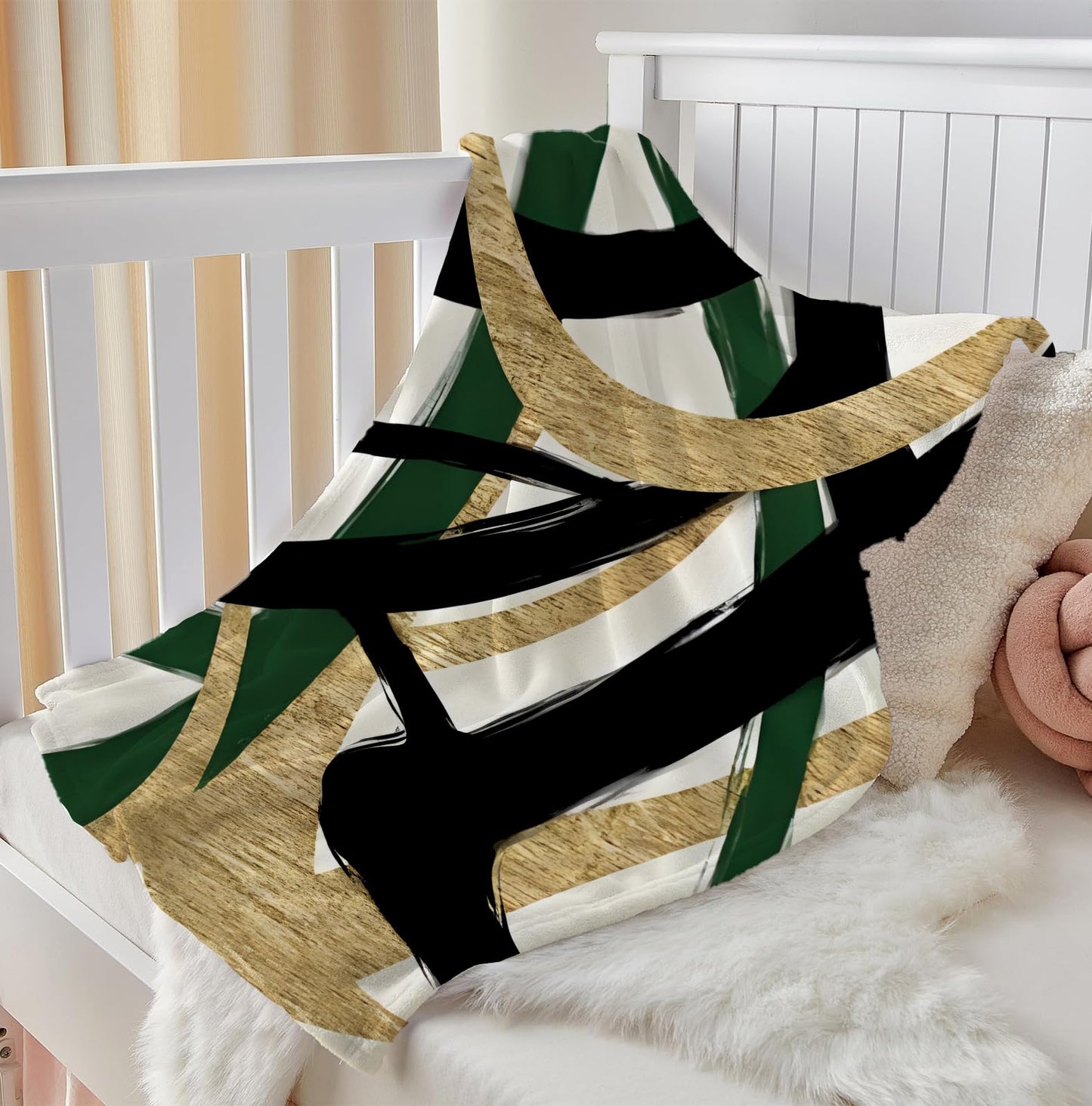 SPBL&L Abstract Black White and Gold Grenn Blanket, Minimalist Modern Ink Line Throw Blanket for Bed Couch Bedroom Living Room, Modern Room Home Decor