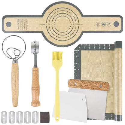 Bread Making Tools Set of 7, Including Silicone Pastry Mat, Round Baking Mat, Sourdough Danish Dough Whisk, Bread Lame Dough Scoring, Bread Scraper Dough Cutter, Perfect Gifts for Baker