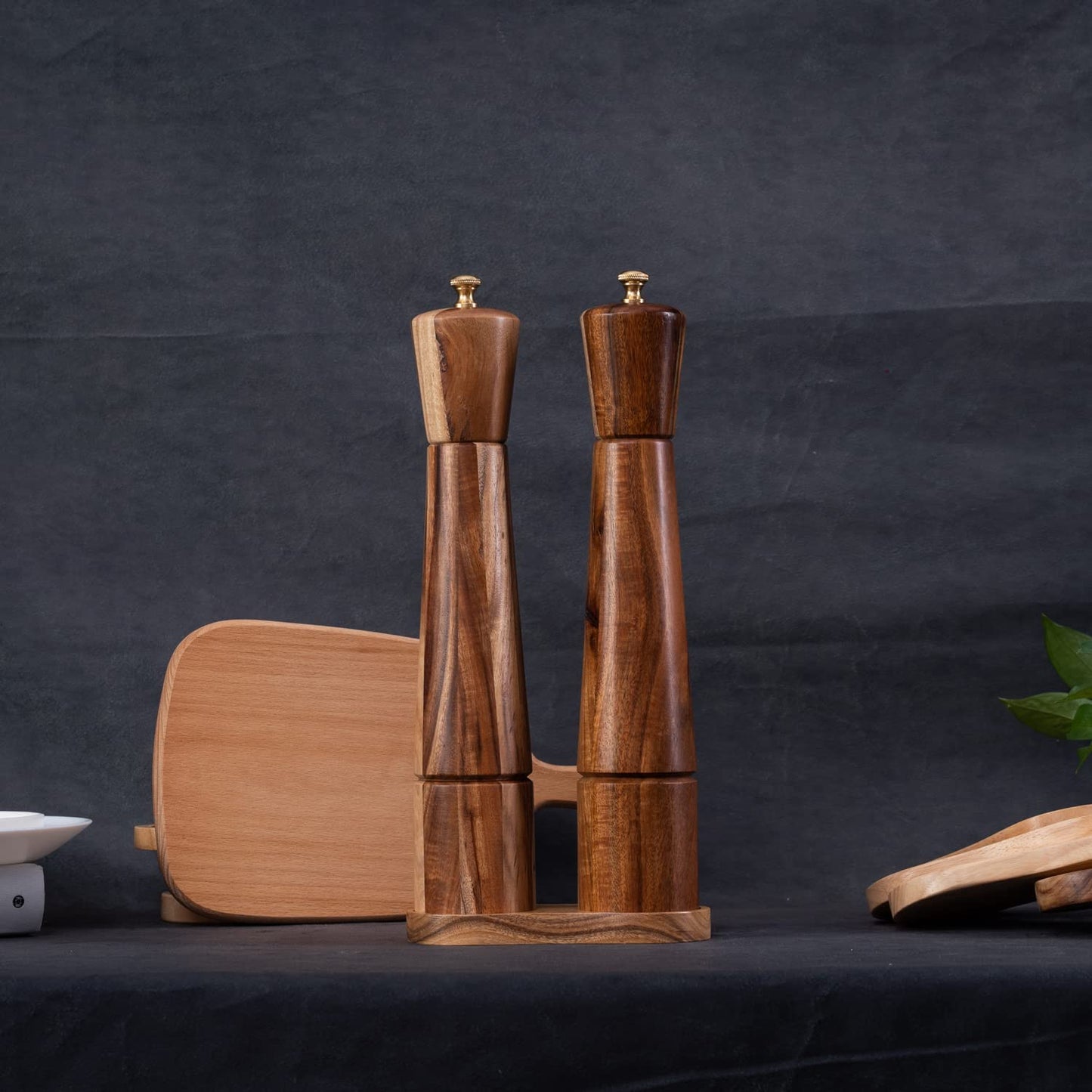 DeroTeno Salt and Pepper Grinder Set with Tray, Adjustable Ceramic Grinder Salt Mill, Stainless Steel Grinder Pepper Mill, Acacia Wood, 32 cm / 12 inch Height, Bottom Dia 6 cm (Tray is Included)