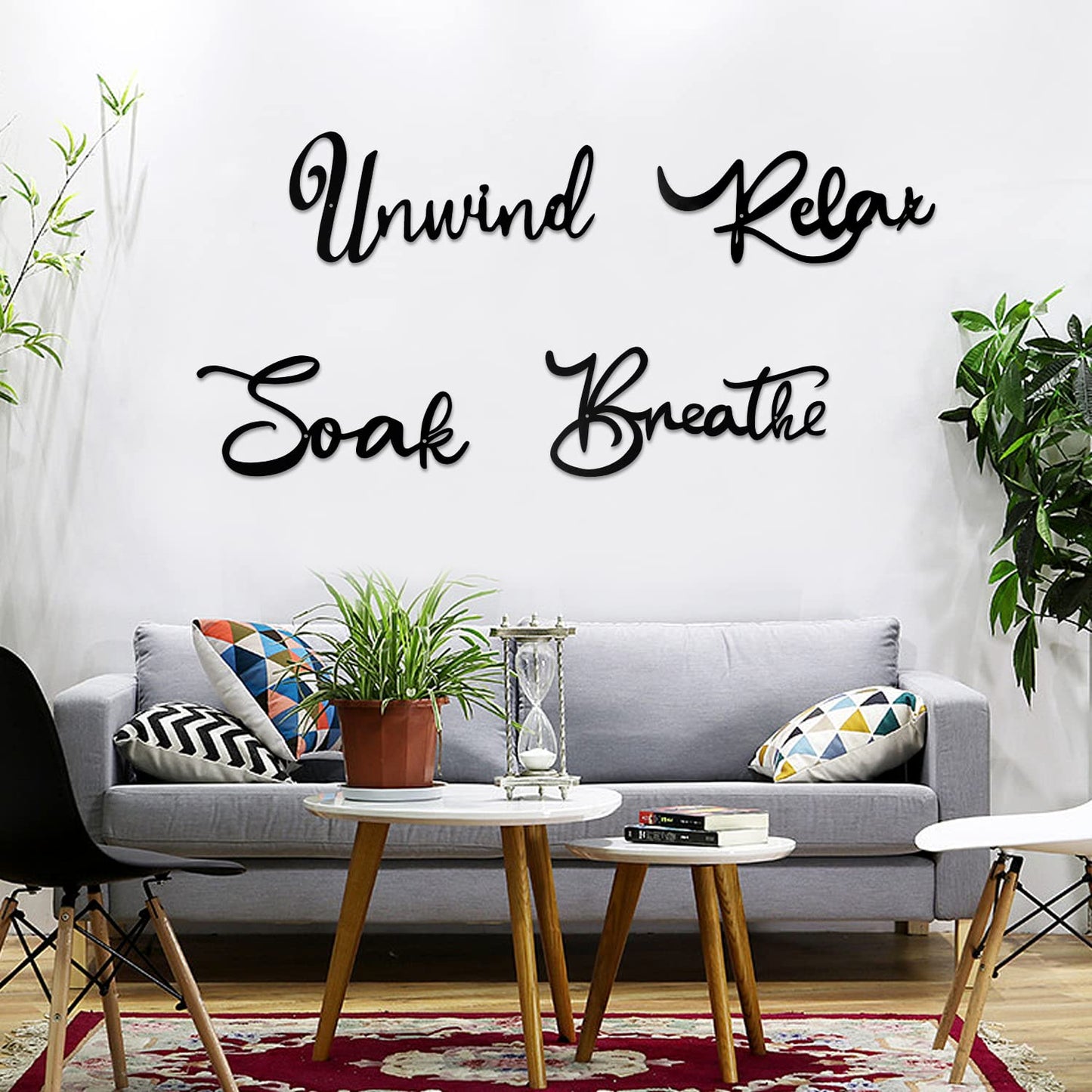 Larber 4 Pieces Bathroom Wall Decors Metal Relax Soak Unwind Breathe Wall Art Metal Bathroom Sign Hanging Black Bathroom Decor for Living Room Laundry Bathroom Spa Washroom Decorations, Black