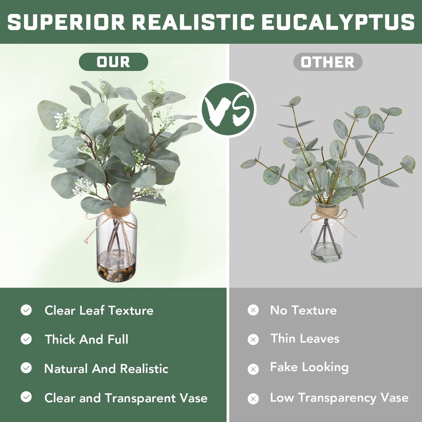 LILUYTO 15.74” Artificial Eucalyptus Stems in Glass Vase with Faux Water & Natural Stones, Lifelike Fake Greenery for Modern Farmhouse Home Decor, Bathroom Decor, Office Desk Centerpiece