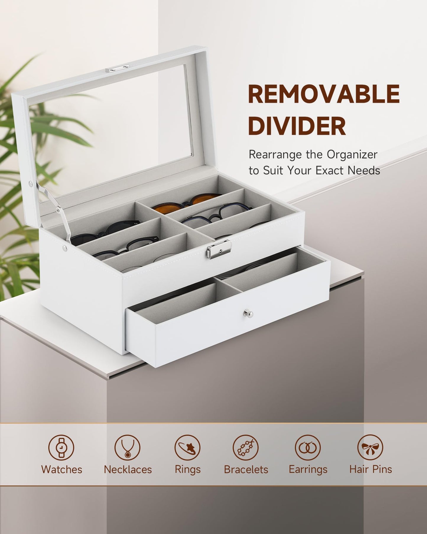CO-Z Sunglasses Organizer with 12 Slots, Leather Eyeglasses Storage Box for Women Men, 2 Story Lockable Display Case for Multiple Glasses, Sunglasses Jewelry Collection Holder with Drawer, White