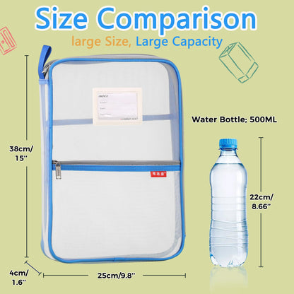 Pendancy Mesh Zipper Pouch 14.8x10.8 in Transparent Lightweight Nylon File Folders, A4 Size Multi-layer Subject Document Organizer Accessories Storage bag for Office and School Supplies(Blue)