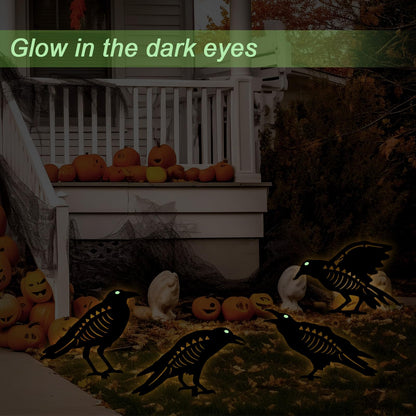 YY Gardenia Halloween Decorations Outdoor,Metal 4 Pack Black Crow Garden Stake - Spooky Glow in The Dark Raven Silhouette Crows Halloween Decorations