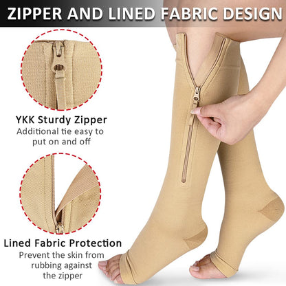 Ailaka Medical Compression Socks with Zipper, Knee High 15-20 mmHg Compression Socks for Women Men, Open Toe Support Socks for Varicose Veins, Edema, Recovery, Pregnant, Nurse