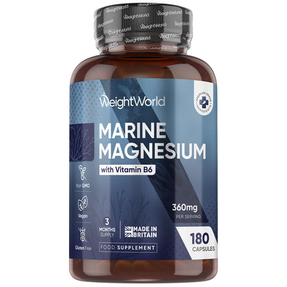 Weightworld Marine Magnesium with Vitamin B6 | 180 Vegan Capsules | 360mg per Serving | 3 Months Supply | Gluten-Free, Non-GMO & GMP-Approved | Magnesium Supplements | Made in The UK
