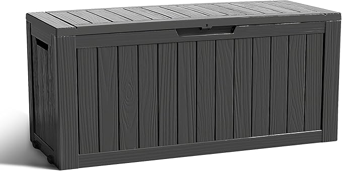 ROJIK Outdoor Storage Housing Deck Box - Waterproof Patio Furniture, Garden Tools, Cushions, Pool Accessories Storage Bench with Lockable Lid and Side Handles (Black 90 Gal)