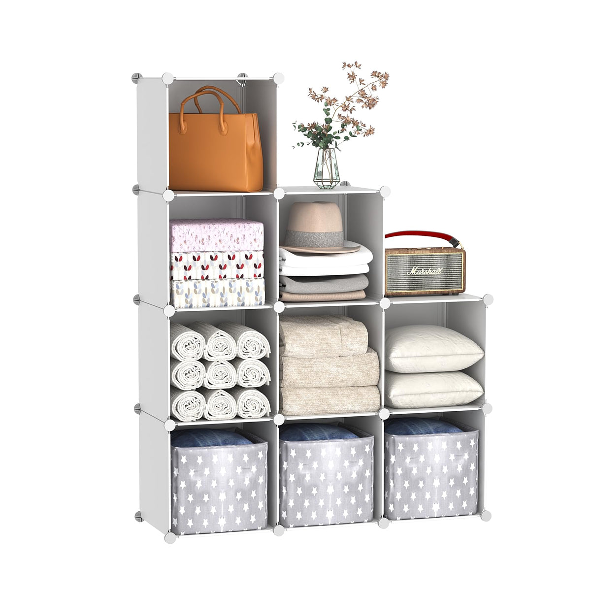 C&AHOME Cube Storage, 9-Cube Bookshelf, Plastic Closet Cabinet Organizer, DIY Stackable Bookcase, Modular Shelving Units Ideal for Home, Office, Kids Room, 36.6" L x 12.4" W x 48.4" H Milky UPCS09M