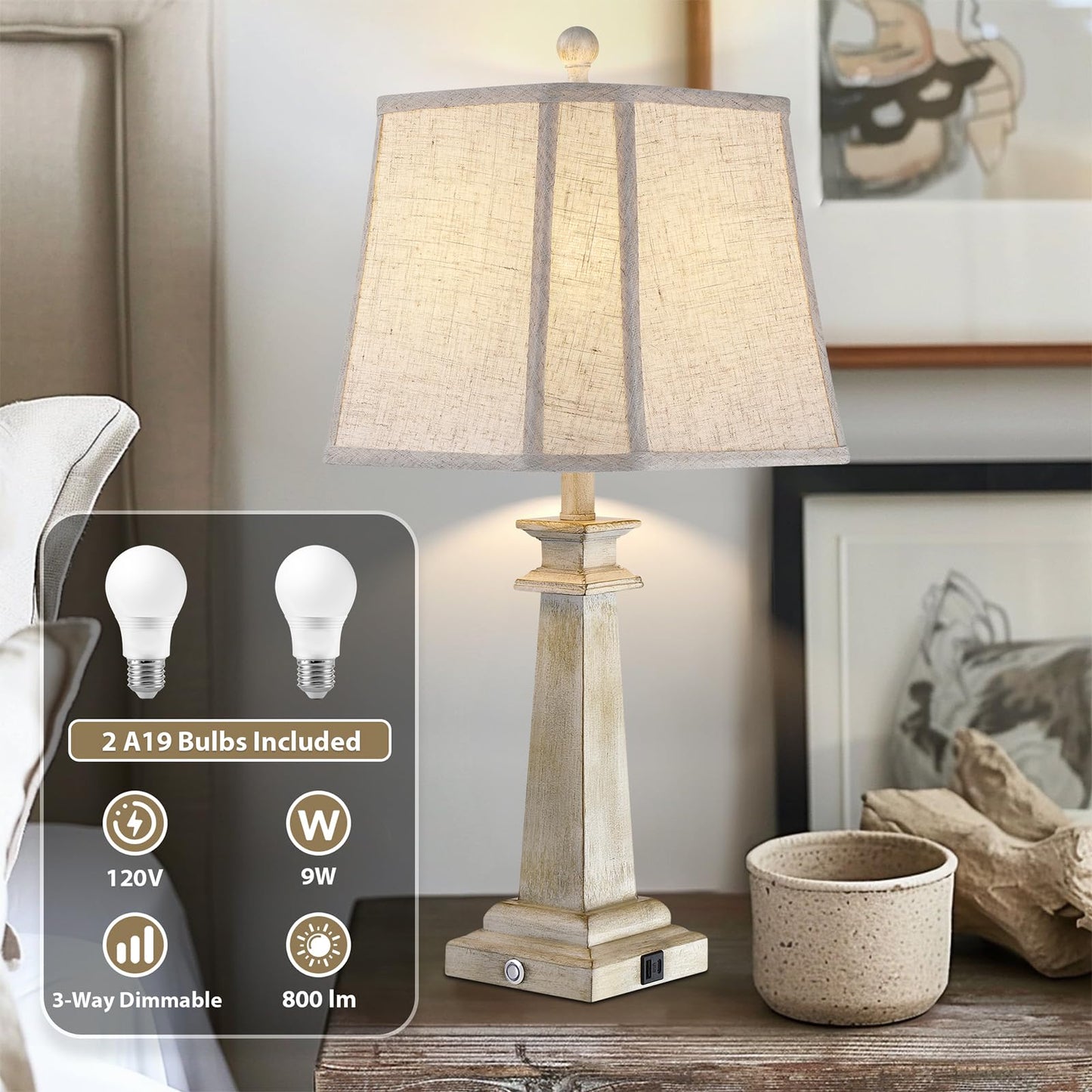 Hapcrea 27.5" Table Lamps Set of 2, 3-Way Dimmable Touch Lamps for Nightstand, Farmhouse Table Lamp for Living Room and Bedroom with USB A+C Charging Ports, Bulbs Included (Antique White)