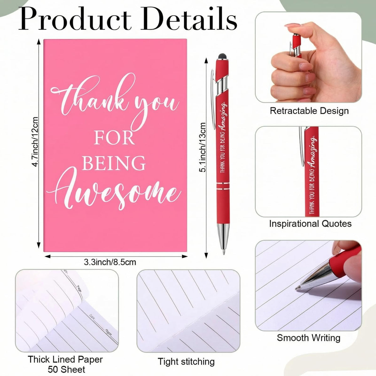 Purpeak 10 Sets 50 Pcs Employee Appreciation Gifts Bulk 16 oz Thank You Glass Cup Inspirational Cosmetic Bag Notepads Pens PVC Bag for Administrative Professionals Day Ot Month Coworker Teacher Nurse