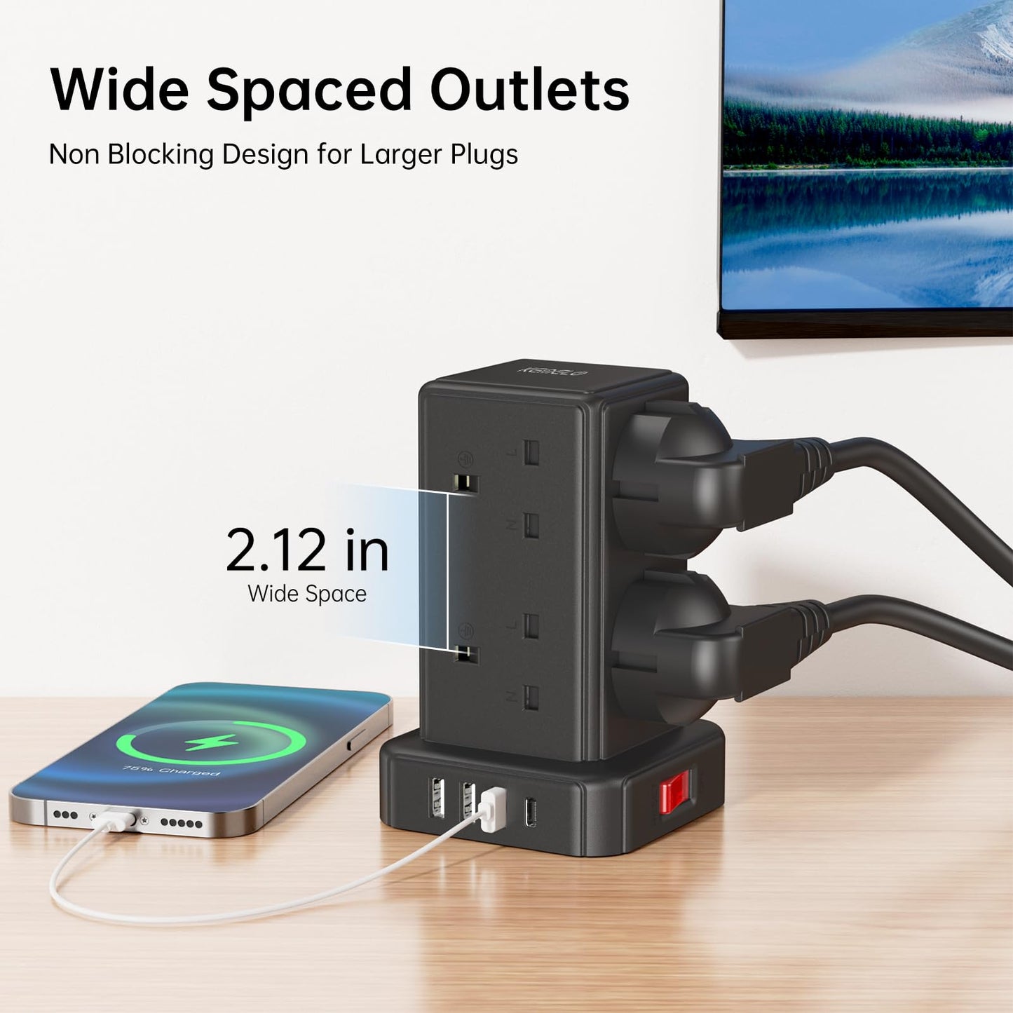 Kemelo Tower Extension Lead with 8 Way Multi Plug & 4 USB Ports (13A 3250W), Mini Power Strip with Switch, 2M Extension Cable Surge Protection for Home, Kitchen, Office