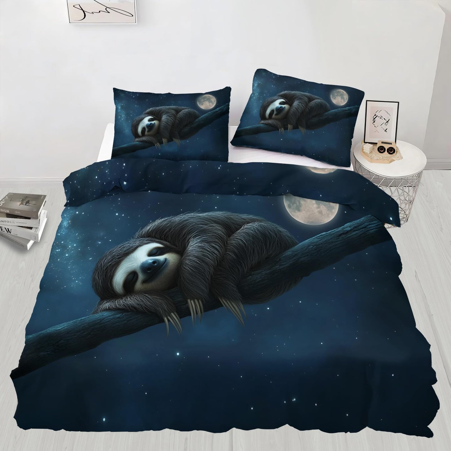 Twin Size Duvet Cover Sloth Print Duvet Cover Starry Sky Comforter Cover Animal Bedding Kids Room Bedding Decor (Reversible Printing)