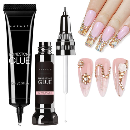 Makartt Nail Rhinestone Glue Set - Gel Nail Glue for Rhinestones, 3D Art Design Super Strong Adhesive for Charm Gems Jewel Crystal Beads Diamonds, 15ml & 8ml, Easy Use, Cured Need