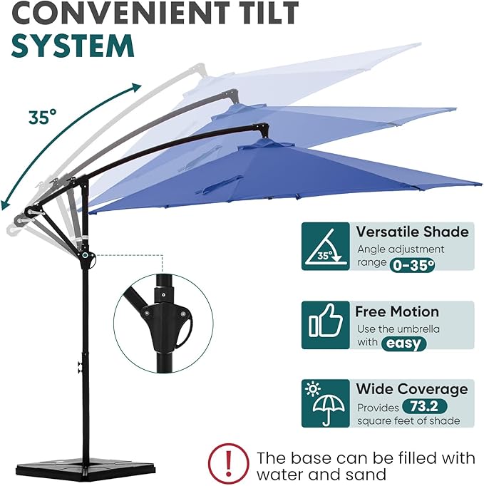OLIXIS Offset Patio Umbrella, 9.7FT Cantilever Table Umbrellas for Outdoor Sun Shade UV Protection with Easy Tilt Adjustment, 8 Ribs for Backyard, Lawn, Garden, Pool - Blue