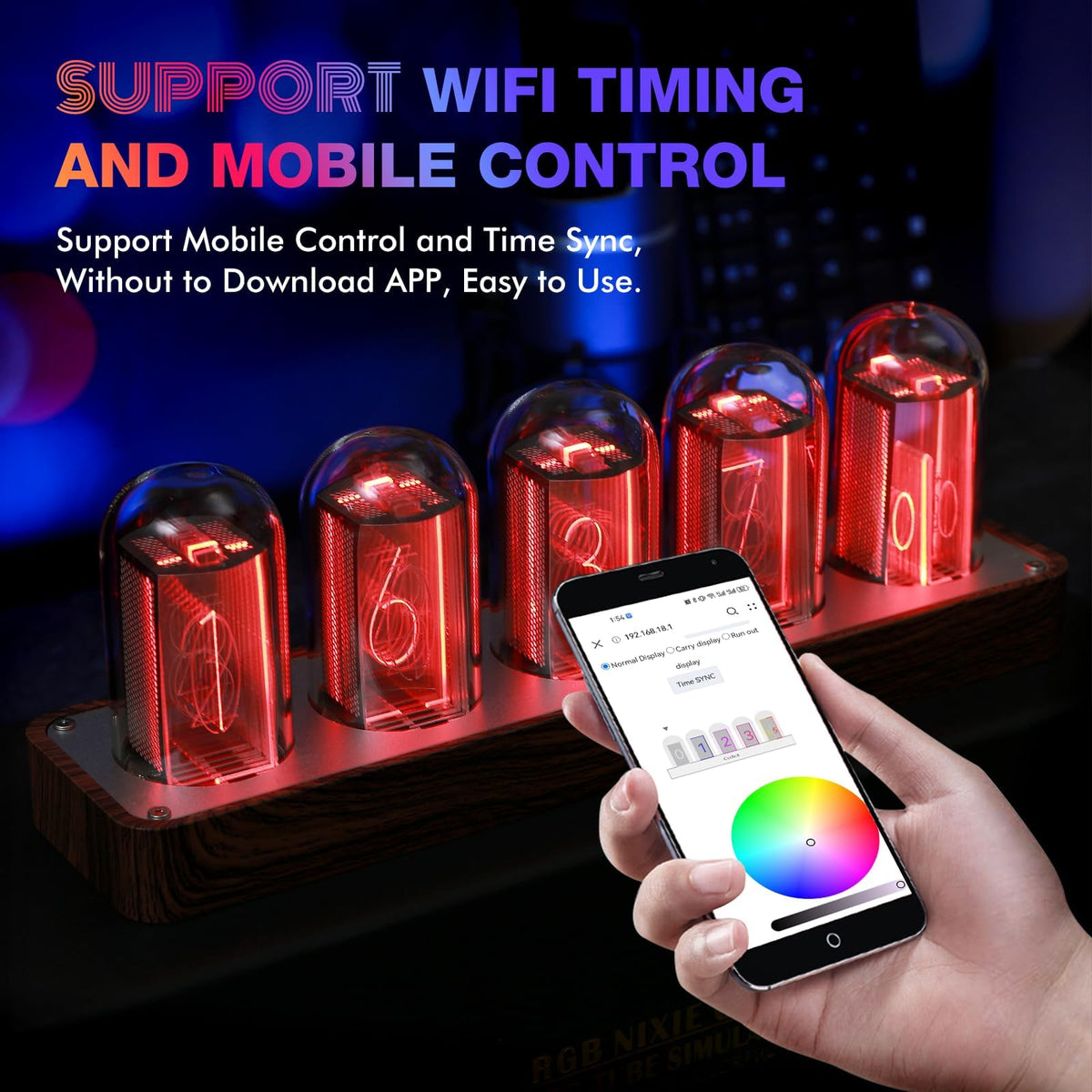 ClocTeck Nixie Tube Clock with Wi-Fi SYNC, Alarm & Timer, 12/24H Display, No Assembly Required - A Retro Gift for Friends (Wood Grain)