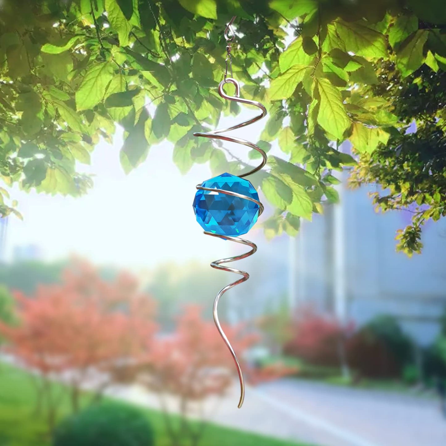 Eiryhope Gazing Ball Spiral Tail, Wind Spinner Spiral Peacock Blue Crystal Orb with Swivel Hook, Sun Catcher Rainbow Maker Hanging Decor for Yard Garden Rotating Art Ornaments Great Gifts 13" Height