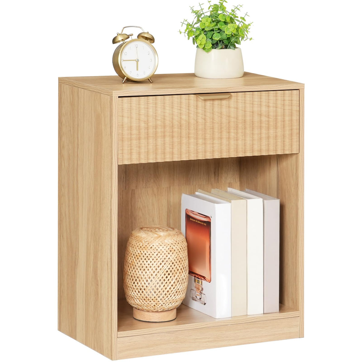 HOOBRO Fluted Nightstand, Modern Bedside Table with 1 Drawer and 1 Open Compartment, Wooden End Table with Metal Handle, for Bedroom and Office, Natural NL208BZ01