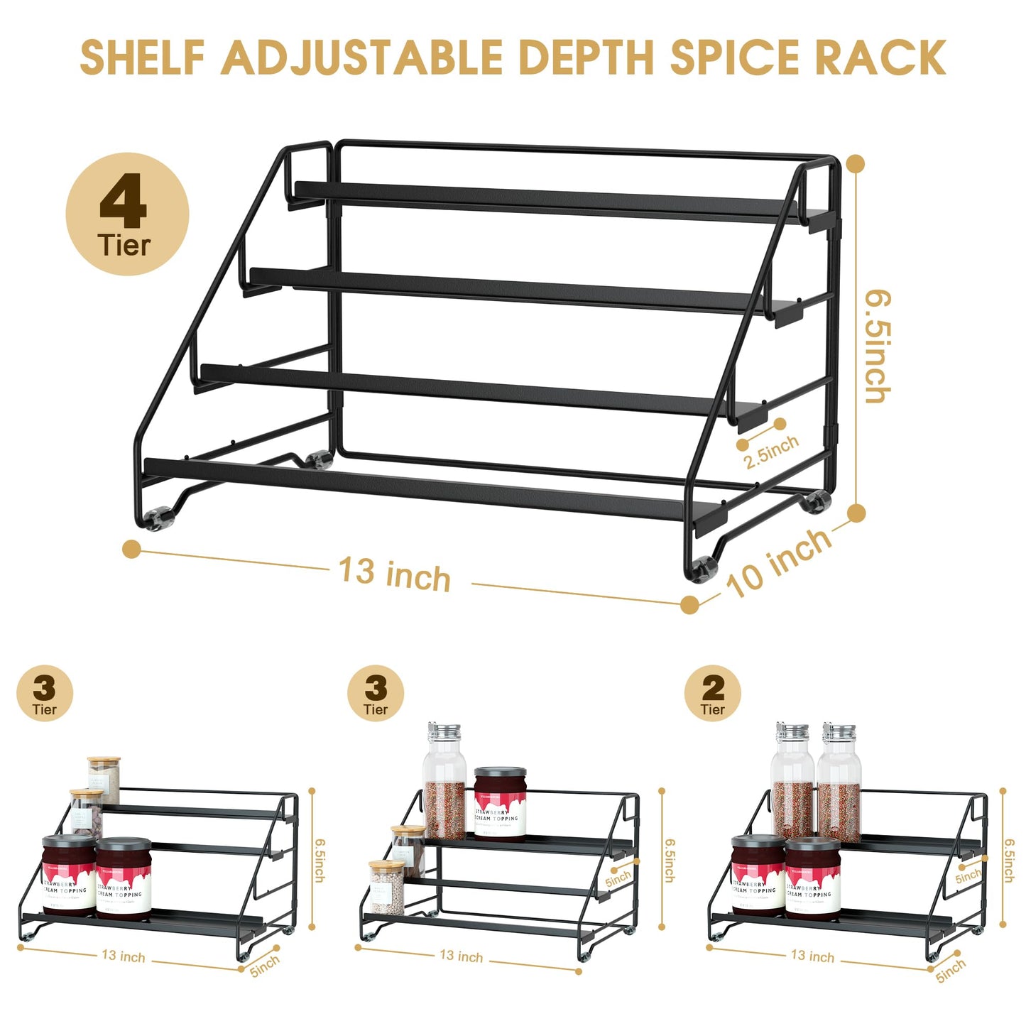 Jolitac 4-Tier Spice Rack Organizer, Depth Adjustable Step Shelf, Metal Spice Rack Perfect for Cabinet, Countertop & Pantry Storage | Enhances Kitchen Visibility and Organization | 1 Pack