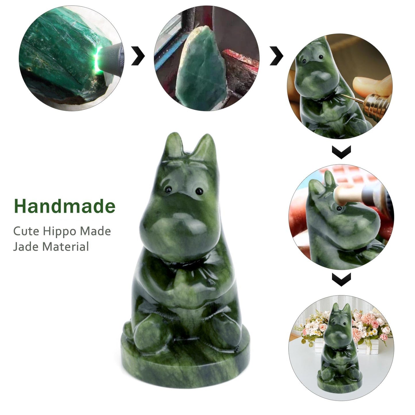 gemshan Hippo Statue, Natural Green Jade Sculpture, Hippopotamus Animal Figurine, Home, Office Desk, Entryway Table Decor