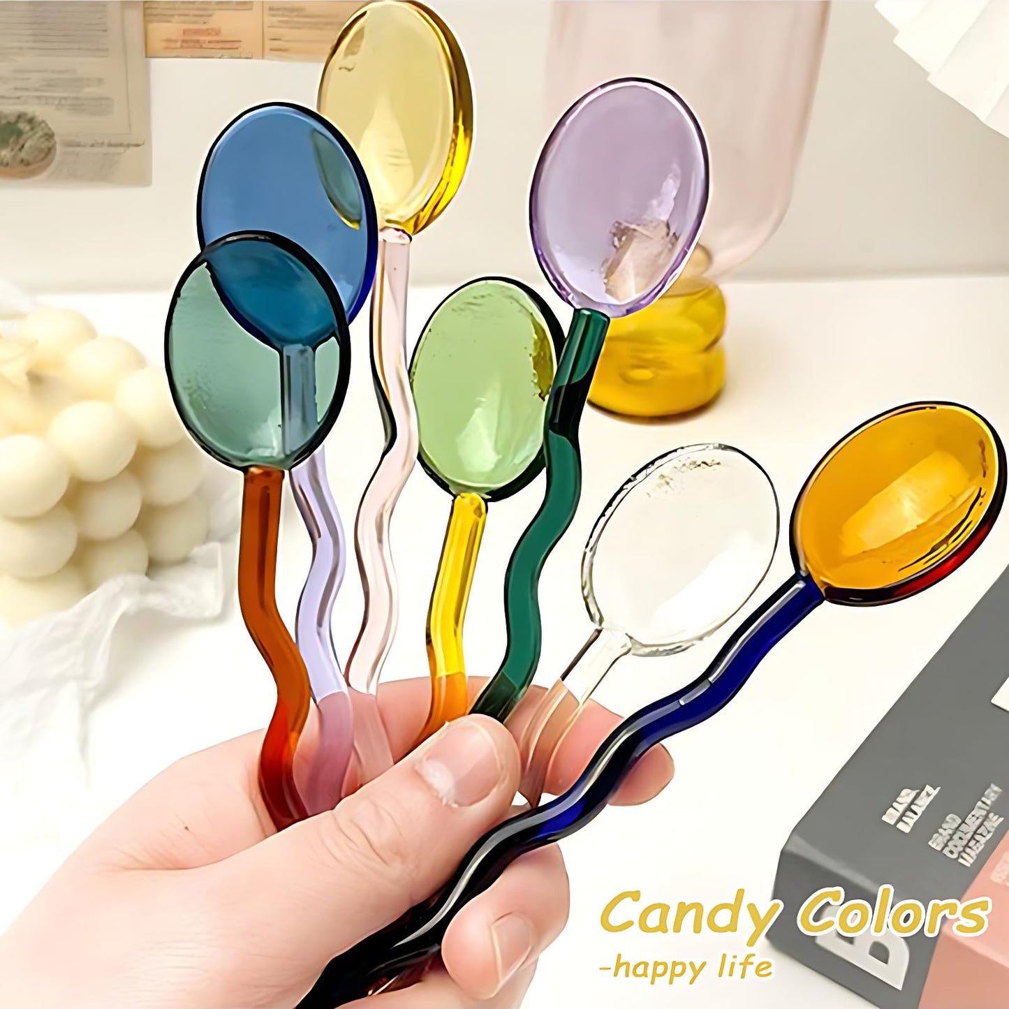 Turbokey Glass Spoons Heat Resistant Clear Coffee Spoon 5.5 Inches Stirring Rod Mixing Spoon Bar Swizzle Stick for Salt Sugar Tea Cocktail Milkshake Appetizers Desserts (6 Color)