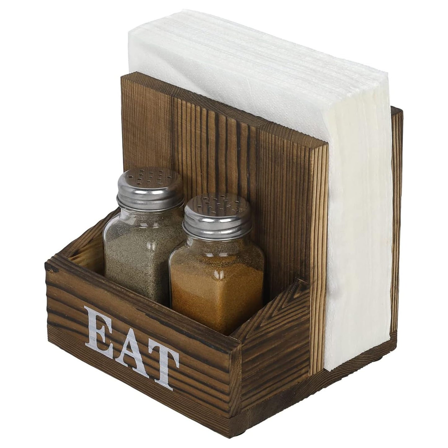 Napkin Holder with Salt and Pepper Shakers Holder for Home Kitchen Table Centerpiece and Commercial Decor, Rustic Solid Burnt Wood & Bold White Printed EAT Design