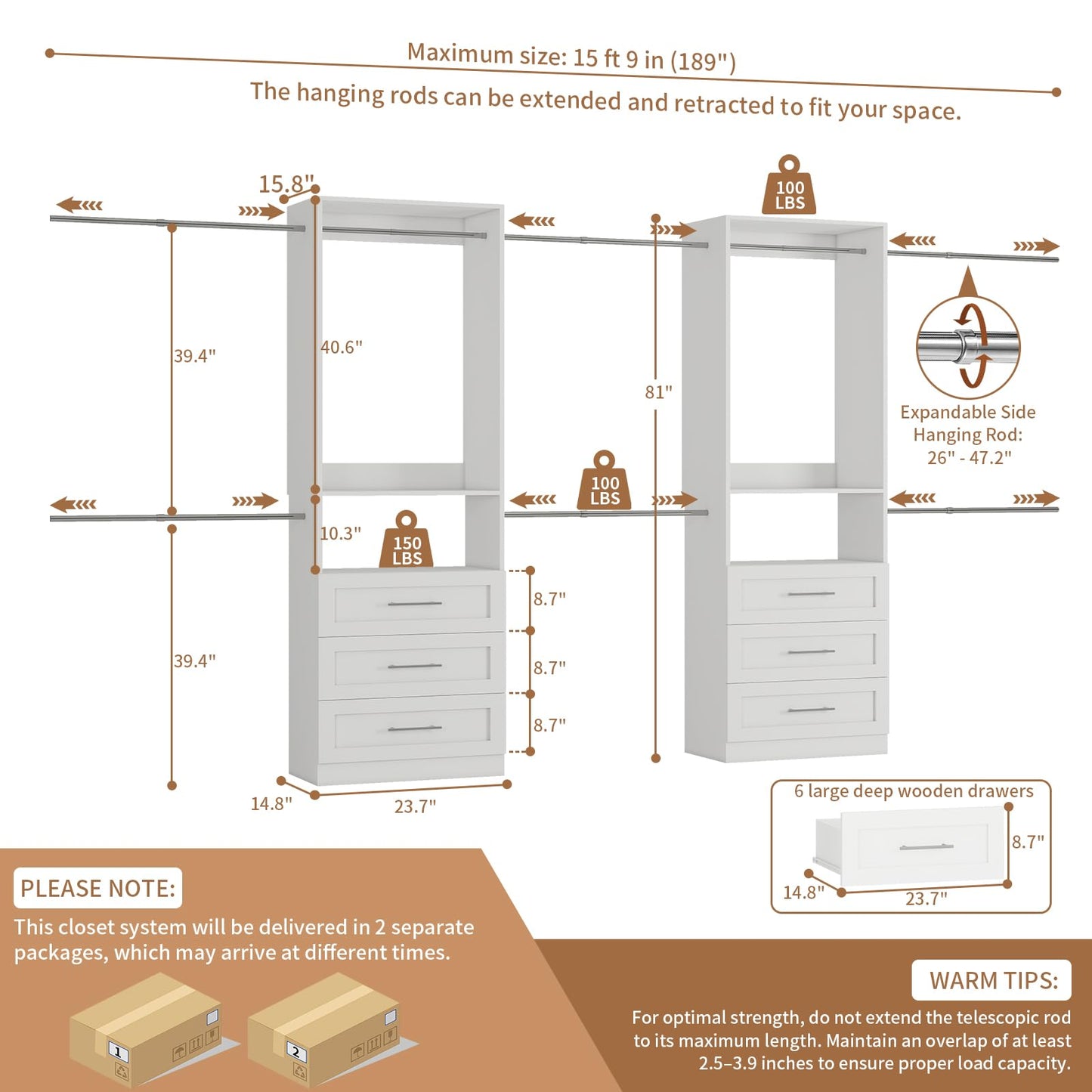 Closet System with 6 Drawers, 4FT-15FT 2-Piece Closet System, Walk in Closet System Organizer, Modular Closet System with 10 Adjustable Hanging Rods & Shelves, Closet Storage System for Bedroom, White