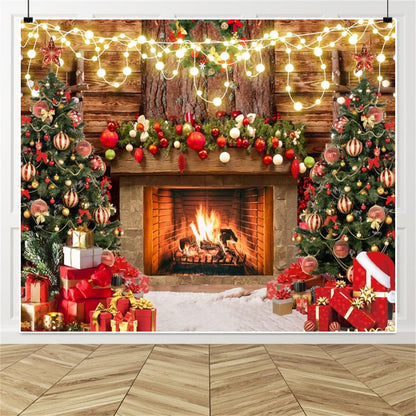 Christmas Fireplace Photography Backdrops 10x8ft Vinyl Winter Photoshoot Backdrop Xmas Tree Lights Wooden Board Wall Gift Box Background Xmas New Year Party Background Banner Supplies Props