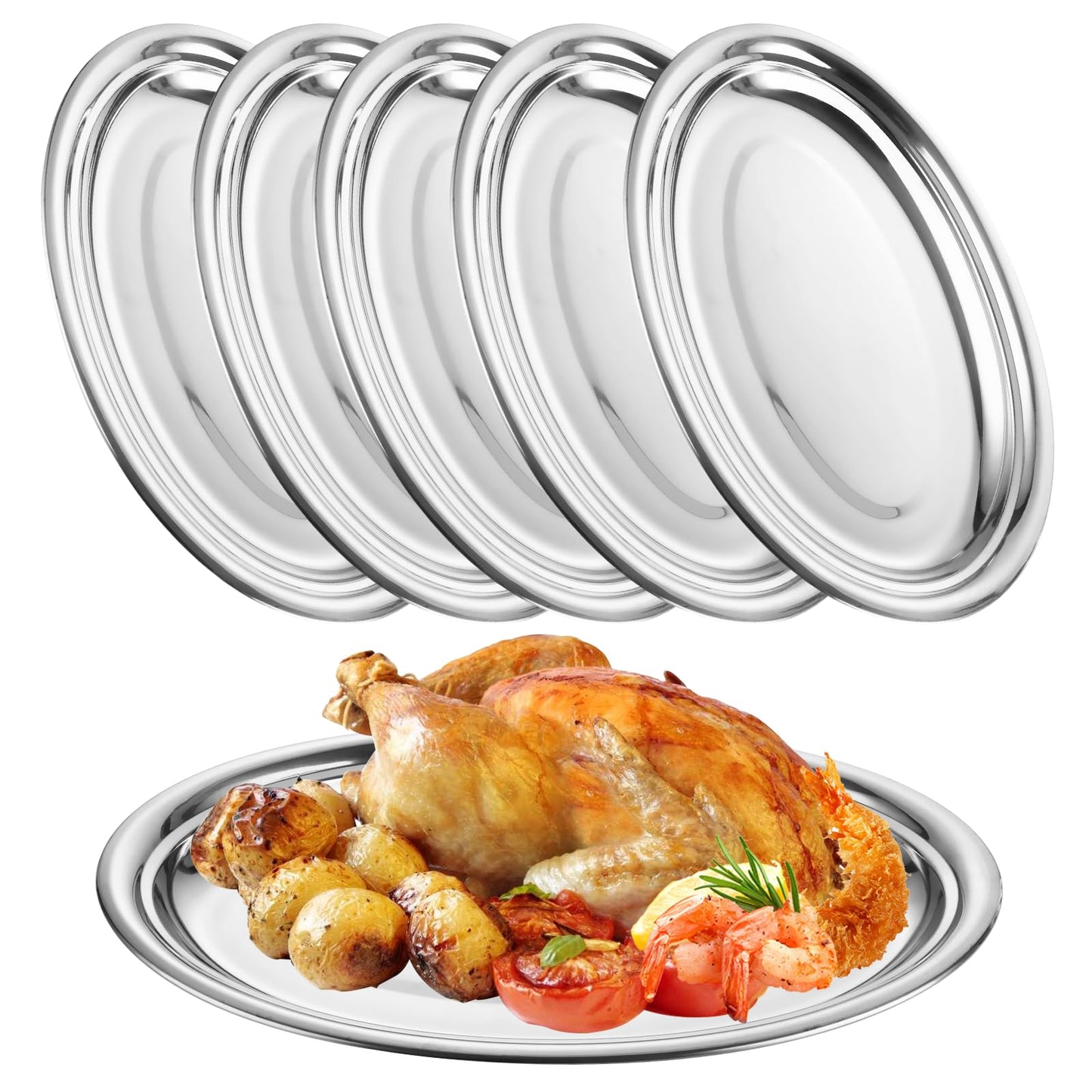 CYEAH 6 Pcs Stainless Steel Oval Platter, Heavy Duty Sizzling Platter, 14 in Large Silver Serving Trays, Metal Sizzler Plates Decorative Silver Plates for Table Decor Food Sushi Appetizer