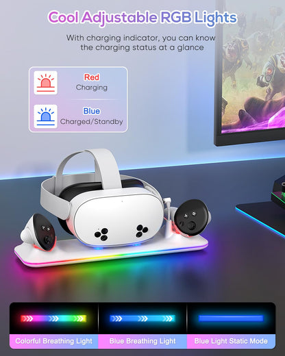 Charging Dock for Meta Quest 3S/3, Kinwin Magnetic Charging Station for Oculus Quest 3S/3 Accessories with RGB Light, Charging Stand for VR Headset & Controller with 2 Rechargeable Batteries (White)