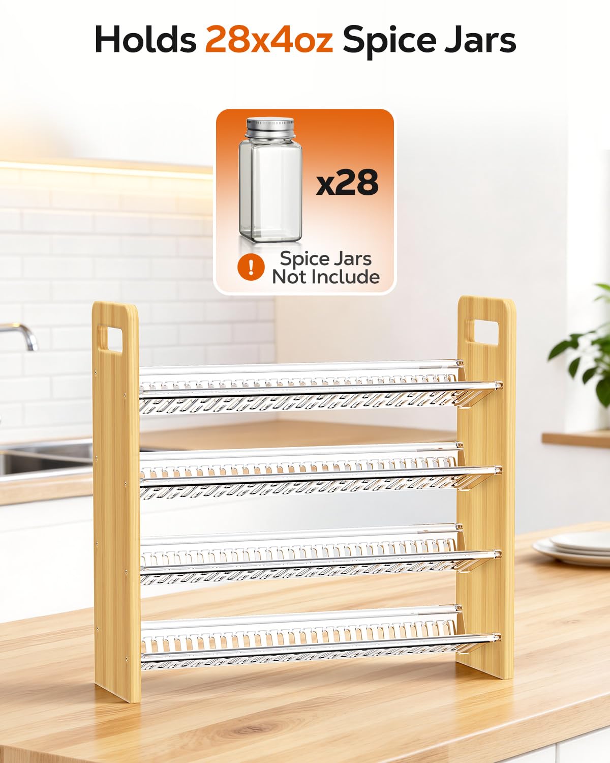 Nieifi Transparent & Wooden Spice Rack Rustproof, without Seasoning Jars,4-Tier ABS Plastic Spice Rack Organizer for Cabinet and Countertop,Thickened Corrosion-Resistant-Tiered Spice Rack