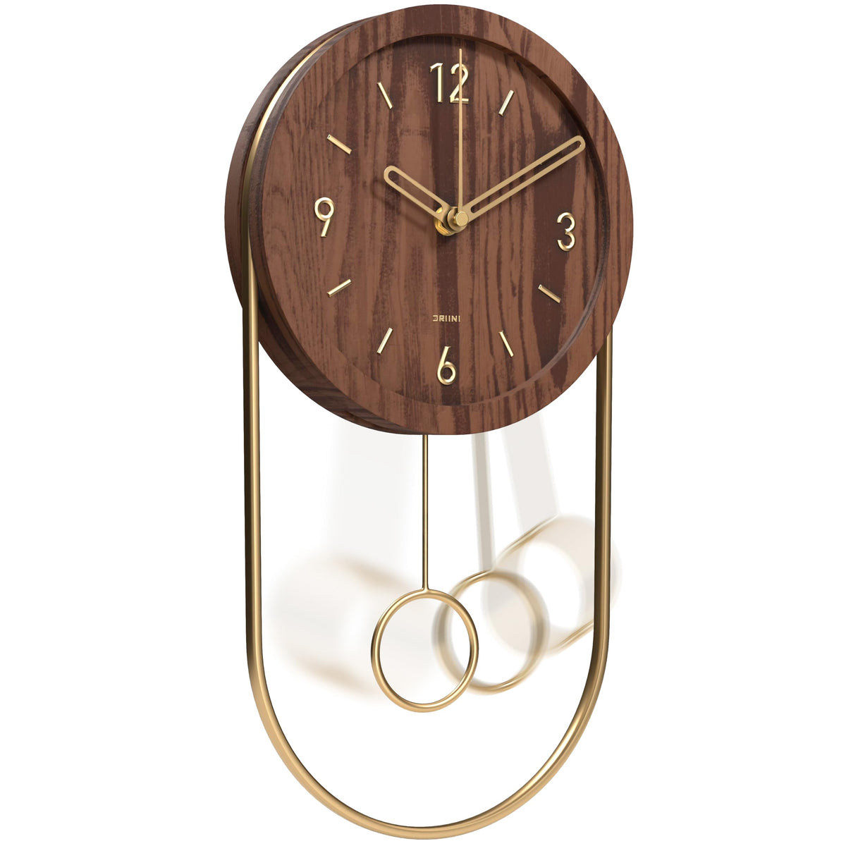 Driini Decorative Wall Clock with Pendulum (Walnut) – Modern Wood, 3D Gold Numbers, Metal Frame – Small, Unique Wall Clocks for Living Room Decor or Bathroom - Battery Operated, Silent, Non-Ticking