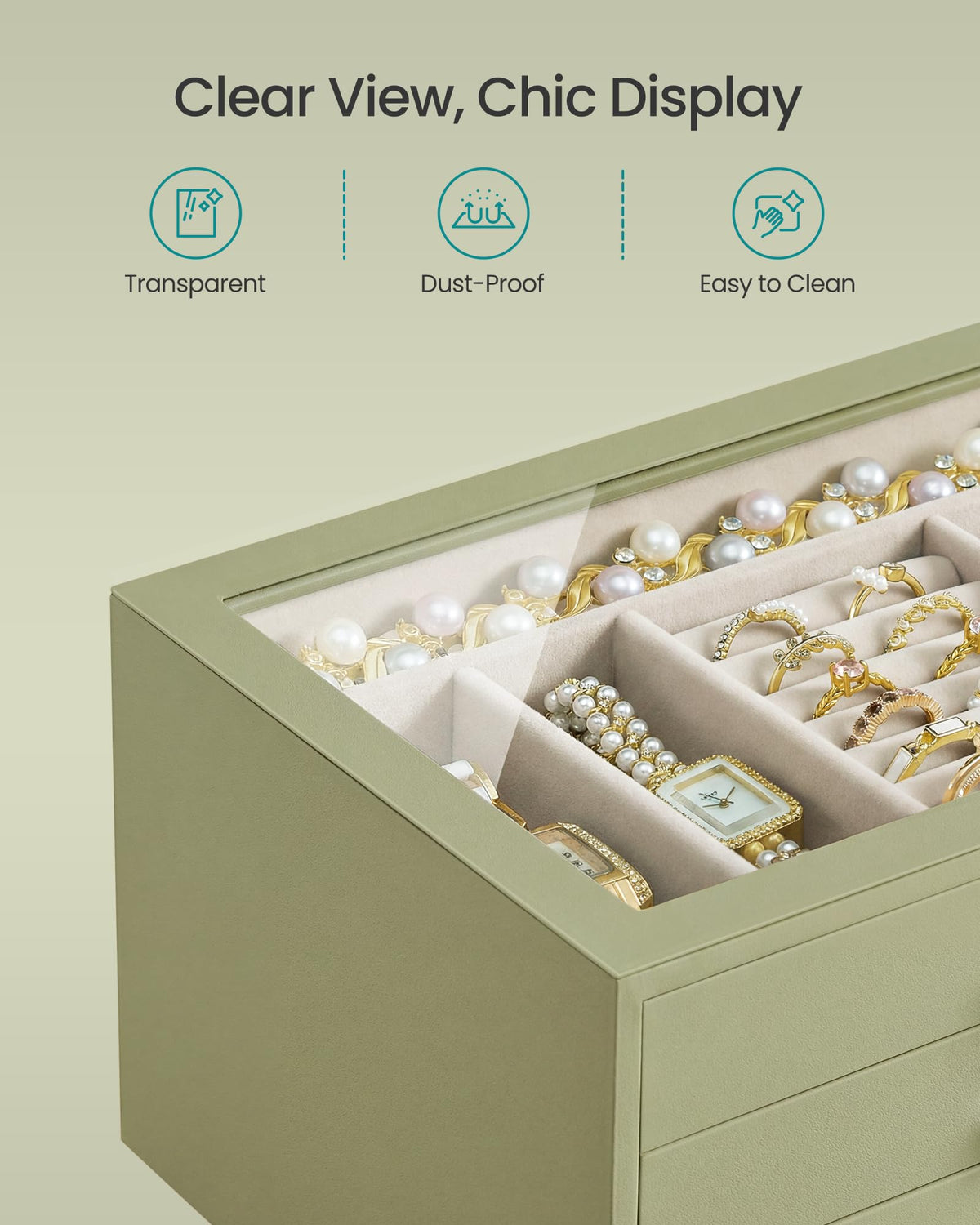 SONGMICS 3-Layer Jewelry Box with Glass Window, Jewelry Storage Organizer with 3 Drawers, Golden Handles, for Rings, Earrings, Bracelets, Gift Idea, Sage Green, 6.3 x 9.4 x 4.9 Inches UJBC206CE01S