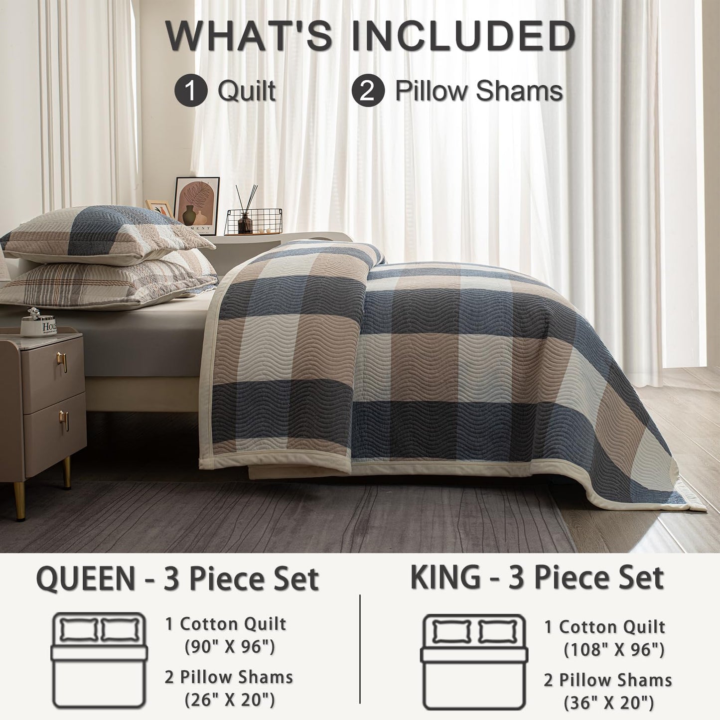 tohrisa Cotton Plaid Quilt Set, Ultra Soft 3 Pieces Queen Size Bedding with 2 Pillow Shams, Lightweight Reversible Coverlet Bedspread with Wave Quilting for Summer, 90"x96", Grid-Beige Blue